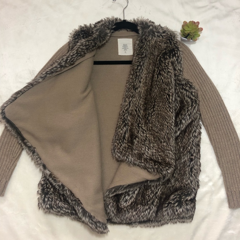 ZARA KNIT Sweater/Jacket, Tan Faux Fur sz M